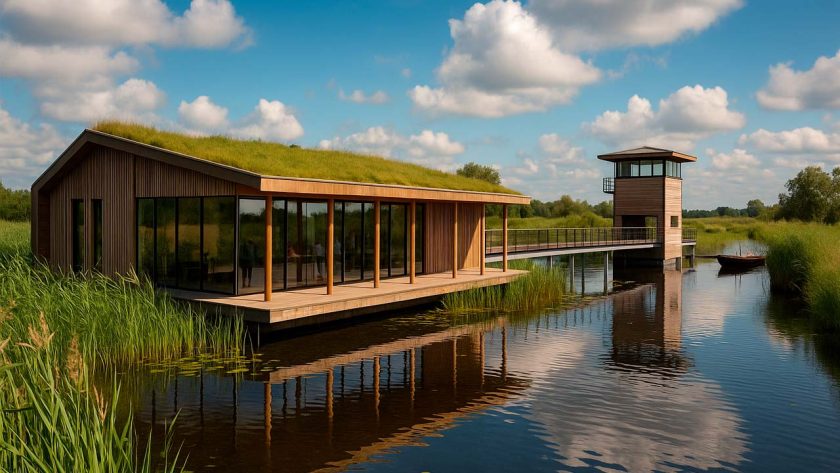 Modern bezoekerscentrum in moeras