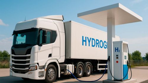 Waterstoftruck bij tankstation