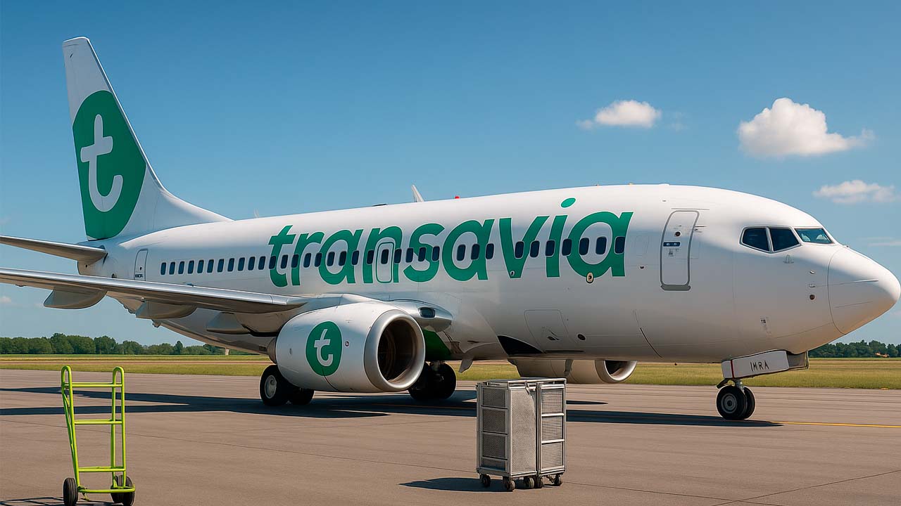 Transavia vliegtuig op platform
